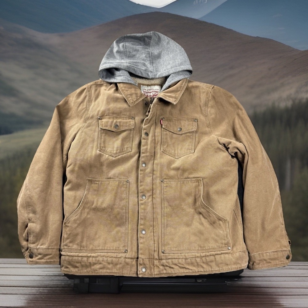 Levis Jacket Men's Size L Brown‎ Canvas Hoodie Hood Chore Work Coat Sherpa Lined